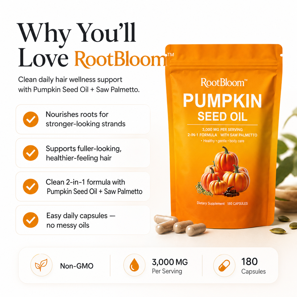 RootBloom™Pumpkin Seed Oil Capsules  for Hair Growth - Non-GMO