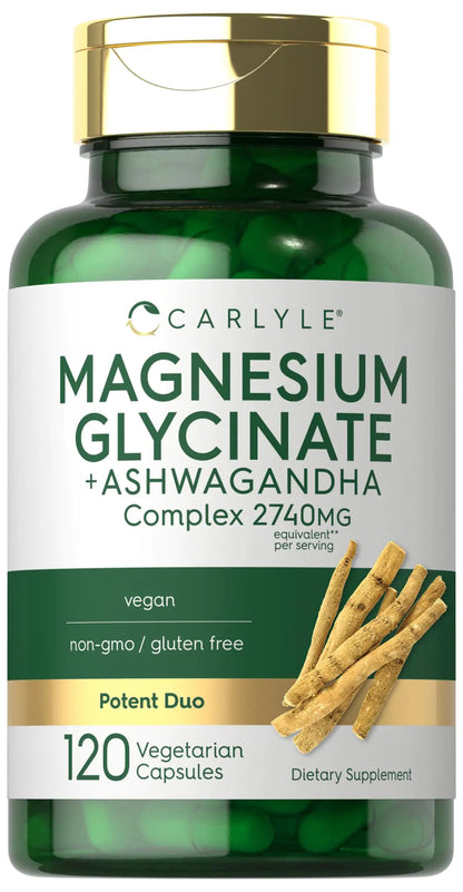 Carlyle Magnesium Glycinate with Ashwagandha | 2740mg Complex | 120 Vegetarian Capsules | Potent Duo | Non-GMO and Gluten Free Supplement