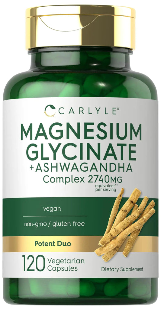 Carlyle Magnesium Glycinate with Ashwagandha | 2740mg Complex | 120 Vegetarian Capsules | Potent Duo | Non-GMO and Gluten Free Supplement